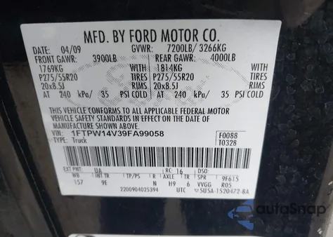 2009 Ford F-150 Fx4/King Ranch/Lariat/Platinum/Xl/Xlt z USA, uszkodzony, nr VIN 1FTPW14V39FA99058